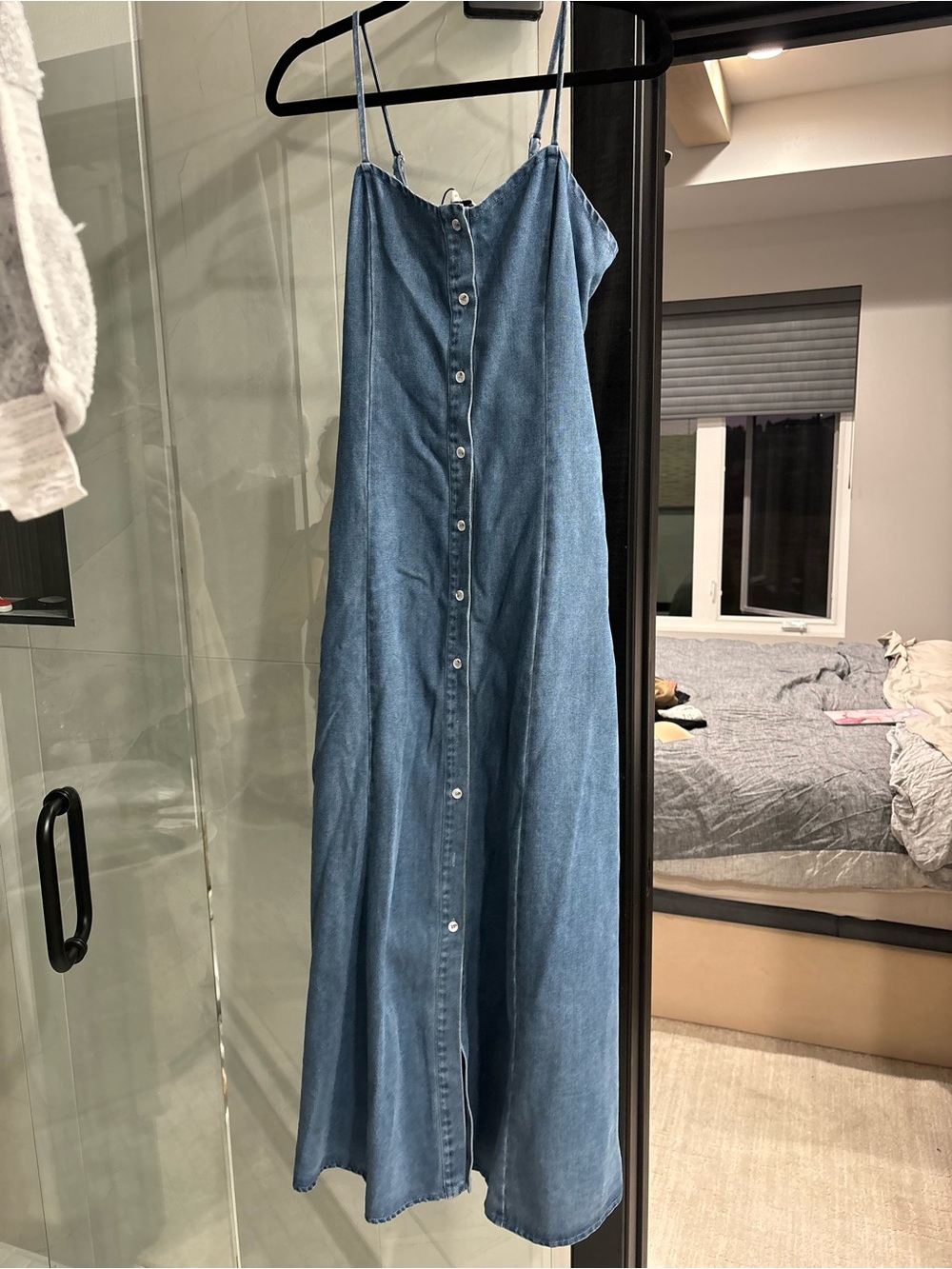 Light Blue Denim Button-Front Maxi Dress with Spaghetti Straps